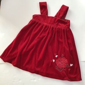 Velour Jumper Dress Girls Sz 4 Red Floral Applique Wide Straps Y2K Holiday